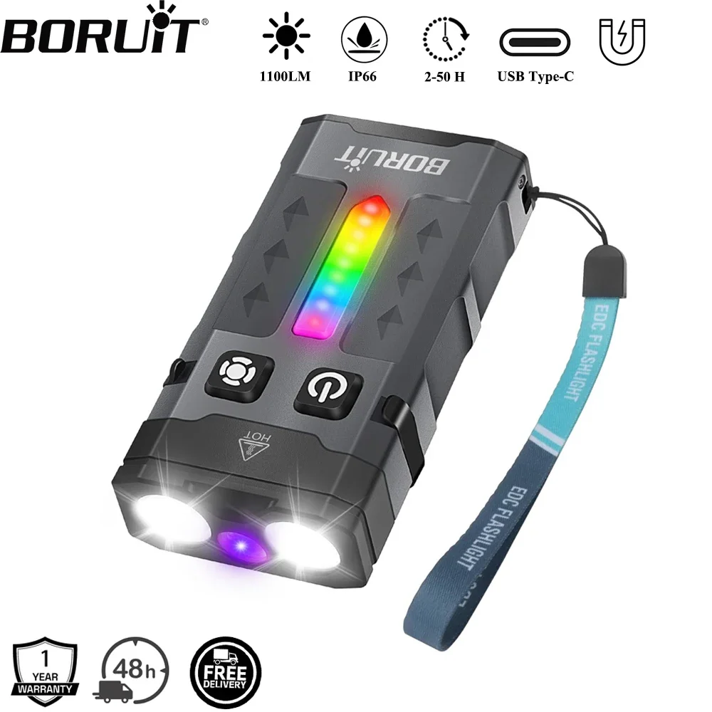 Keychain Flashlight - BORUiT EV20 1100LM EDC UV porte-clés